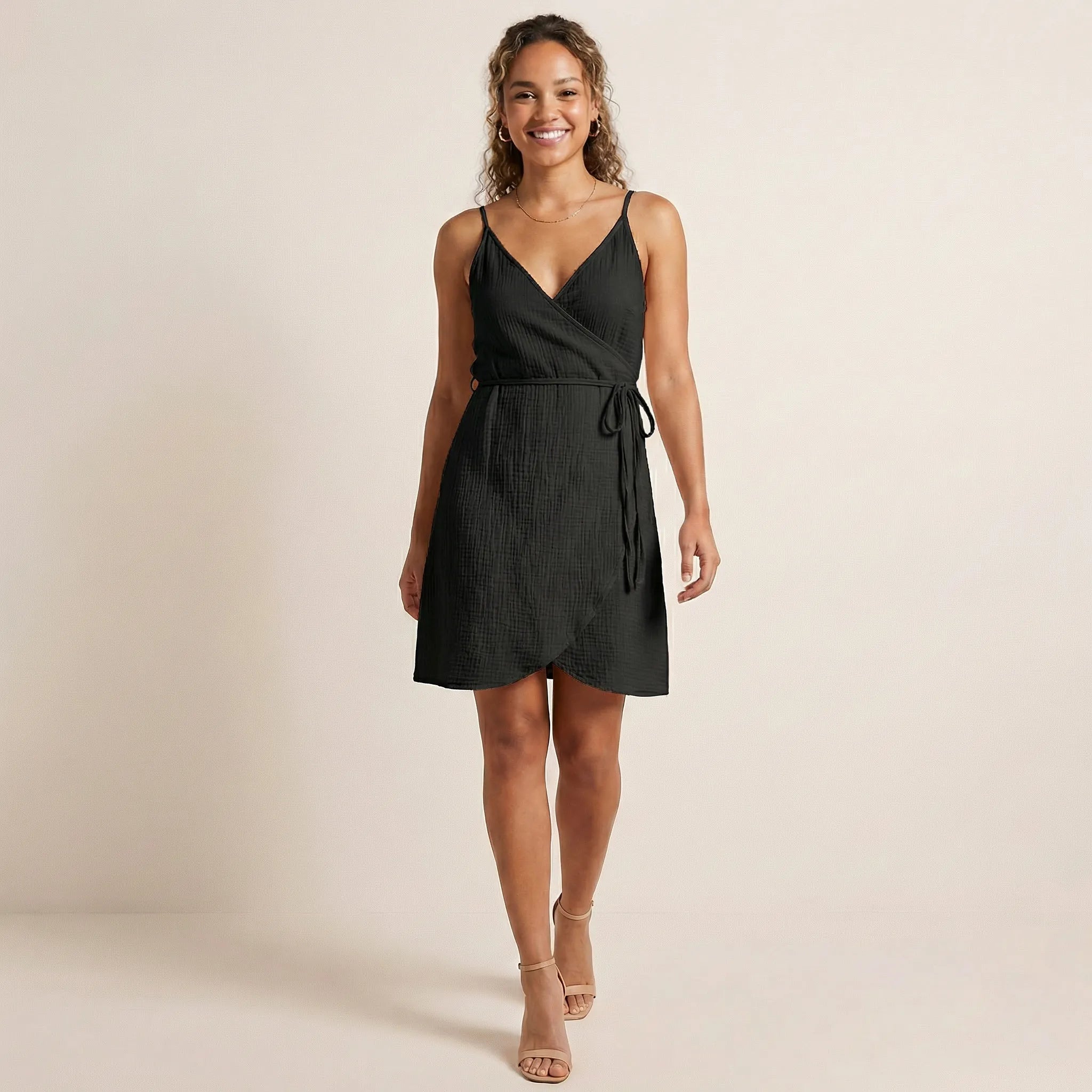 Summer Wrap - Style V - Neck Midi Dress BlackSM-005-BLACK-S