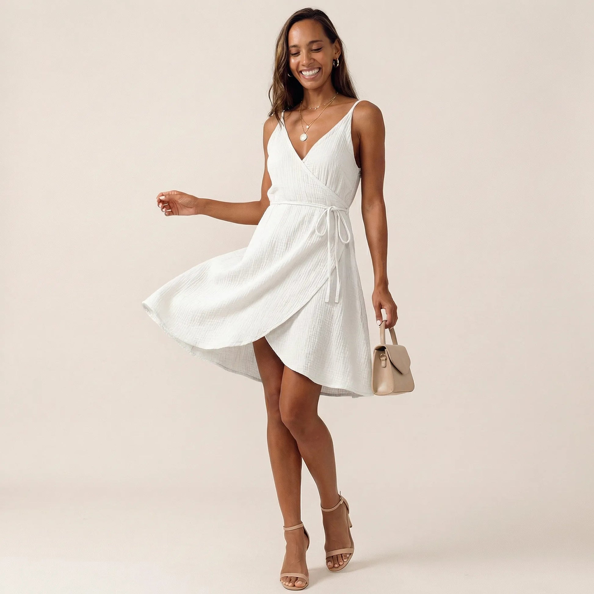 Summer Wrap - Style V - Neck Midi Dress WhiteSM-005-WHITE-S