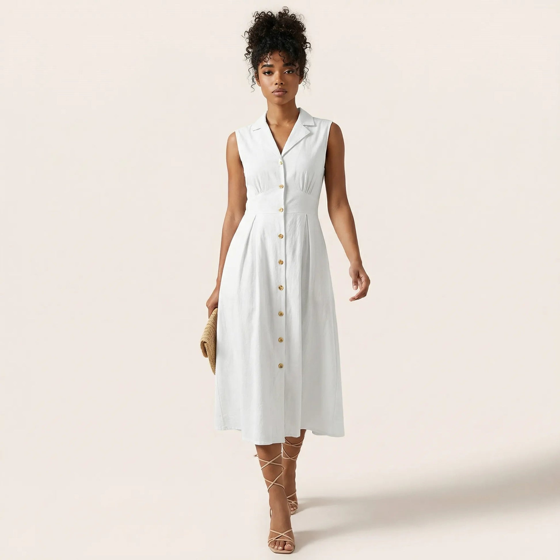 Sunlit Classic Sleeveless Midi Dress WhiteSM-043-WHITE-S