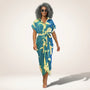 Tropical Statement Tie - Waist Midi Dress BlueSM-030-BLUE-S