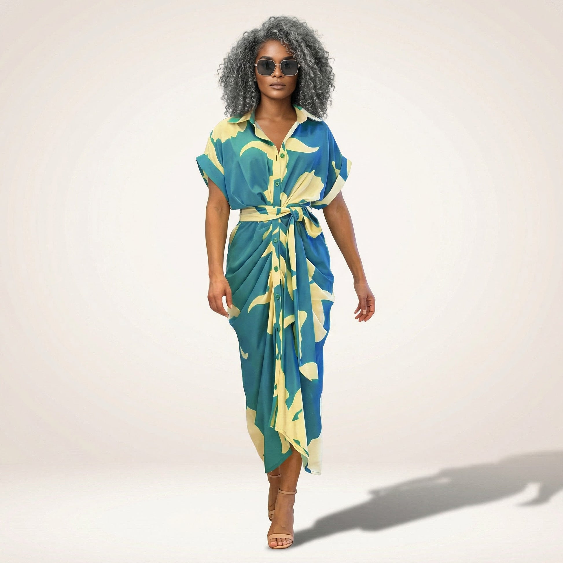 Tropical Statement Tie - Waist Midi Dress BlueSM-030-BLUE-S