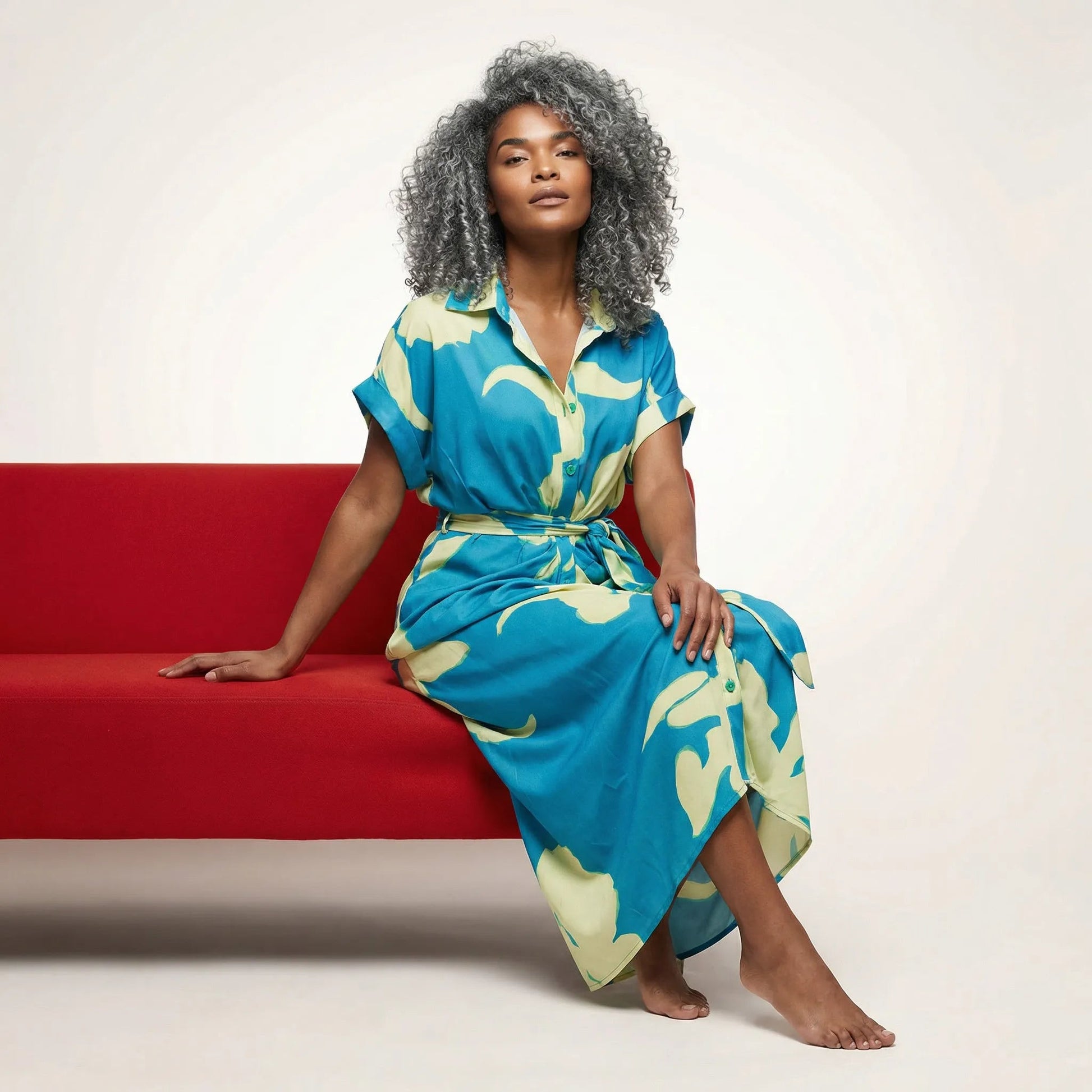 Tropical Statement Tie - Waist Midi Dress BlueSM-030-BLUE-S
