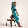 Tropical Statement Tie - Waist Midi Dress BlueSM-030-BLUE-S