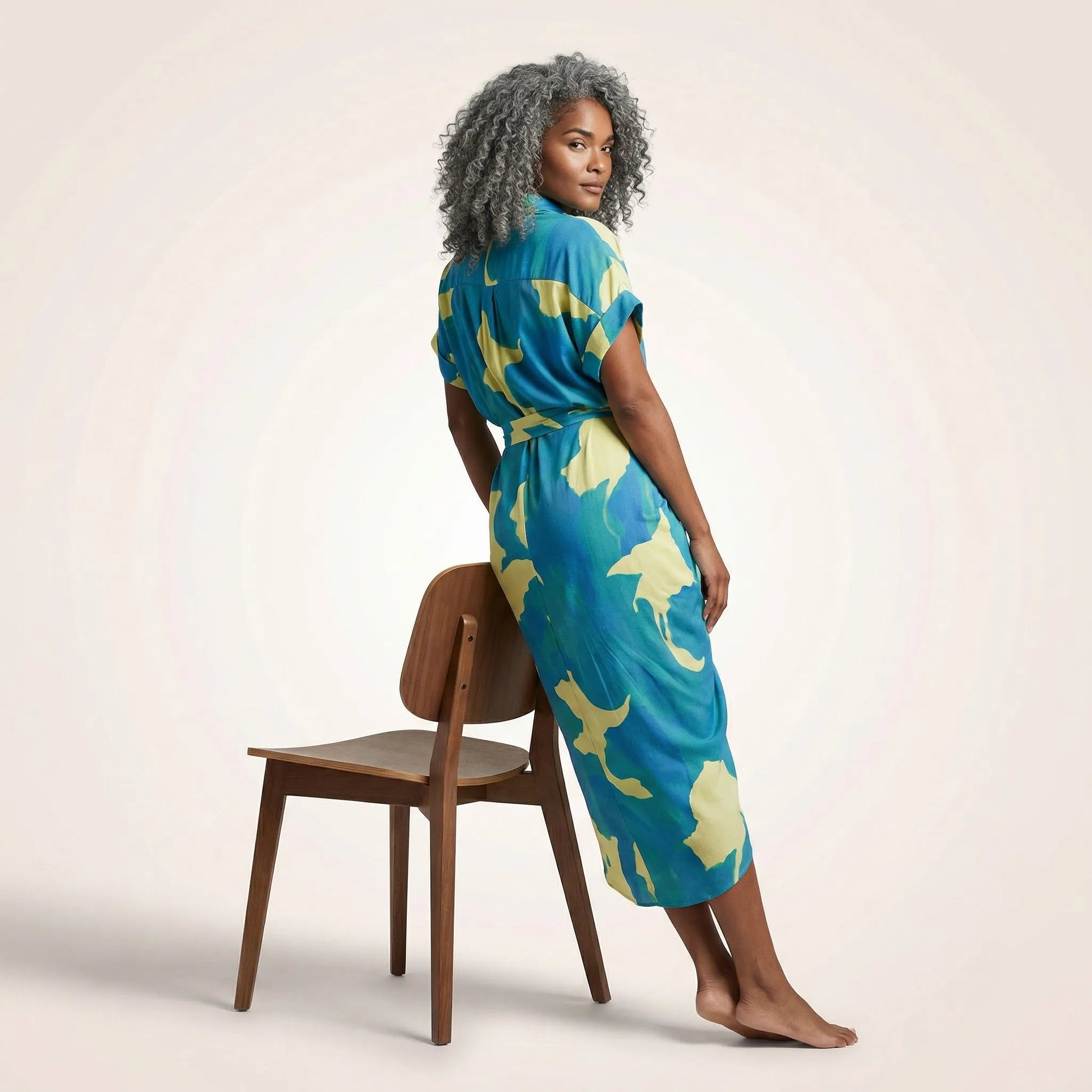 Tropical Statement Tie - Waist Midi Dress BlueSM-030-BLUE-S