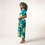 Tropical Statement Tie - Waist Midi Dress BlueSM-030-BLUE-S