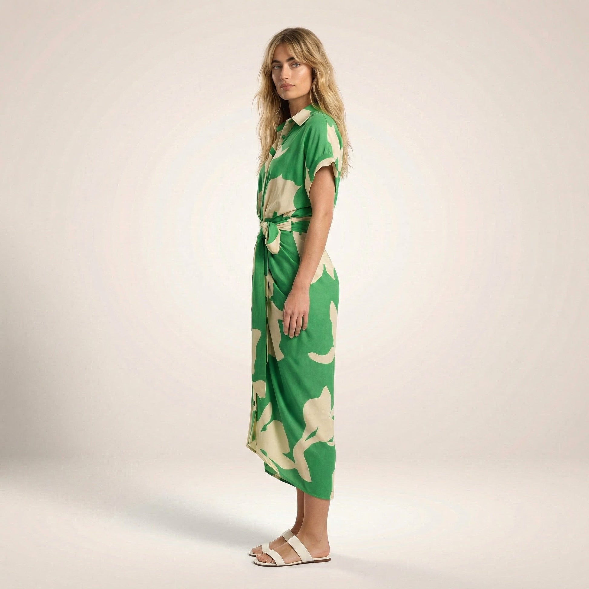 Tropical Statement Tie - Waist Midi Dress GreenSM-030-GREEN-S
