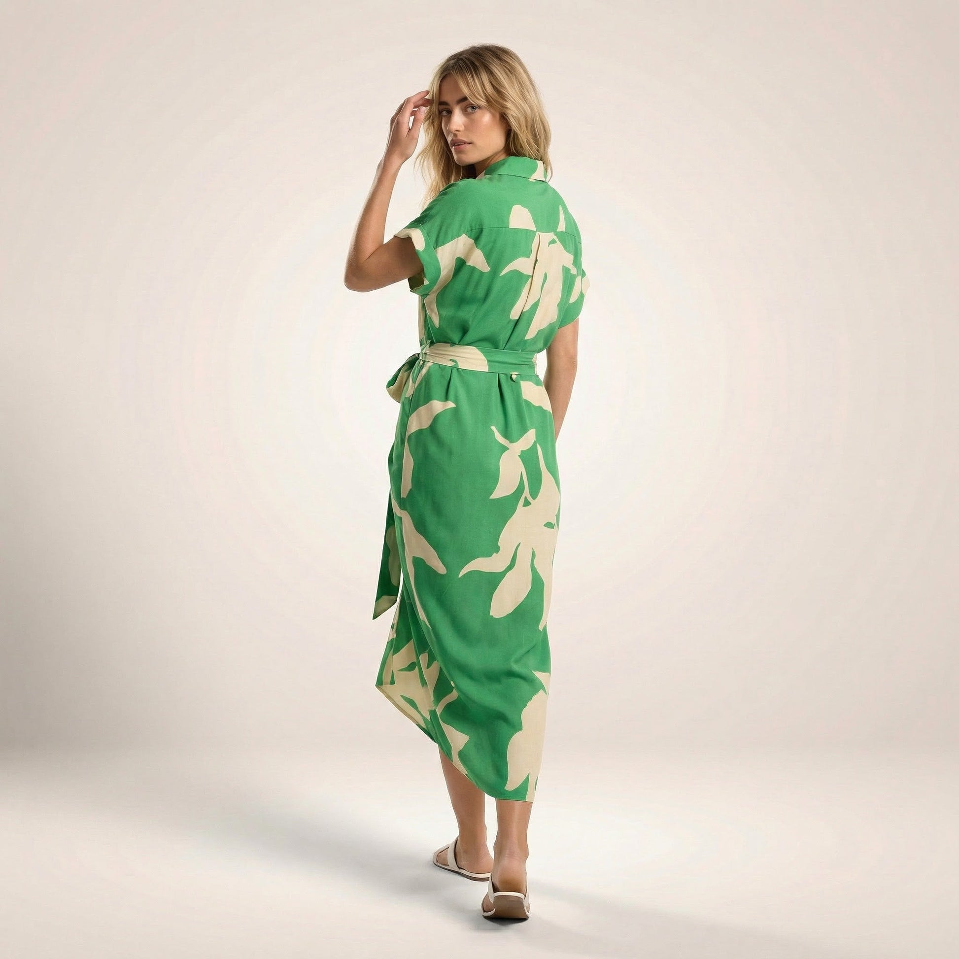Tropical Statement Tie - Waist Midi Dress GreenSM-030-GREEN-S