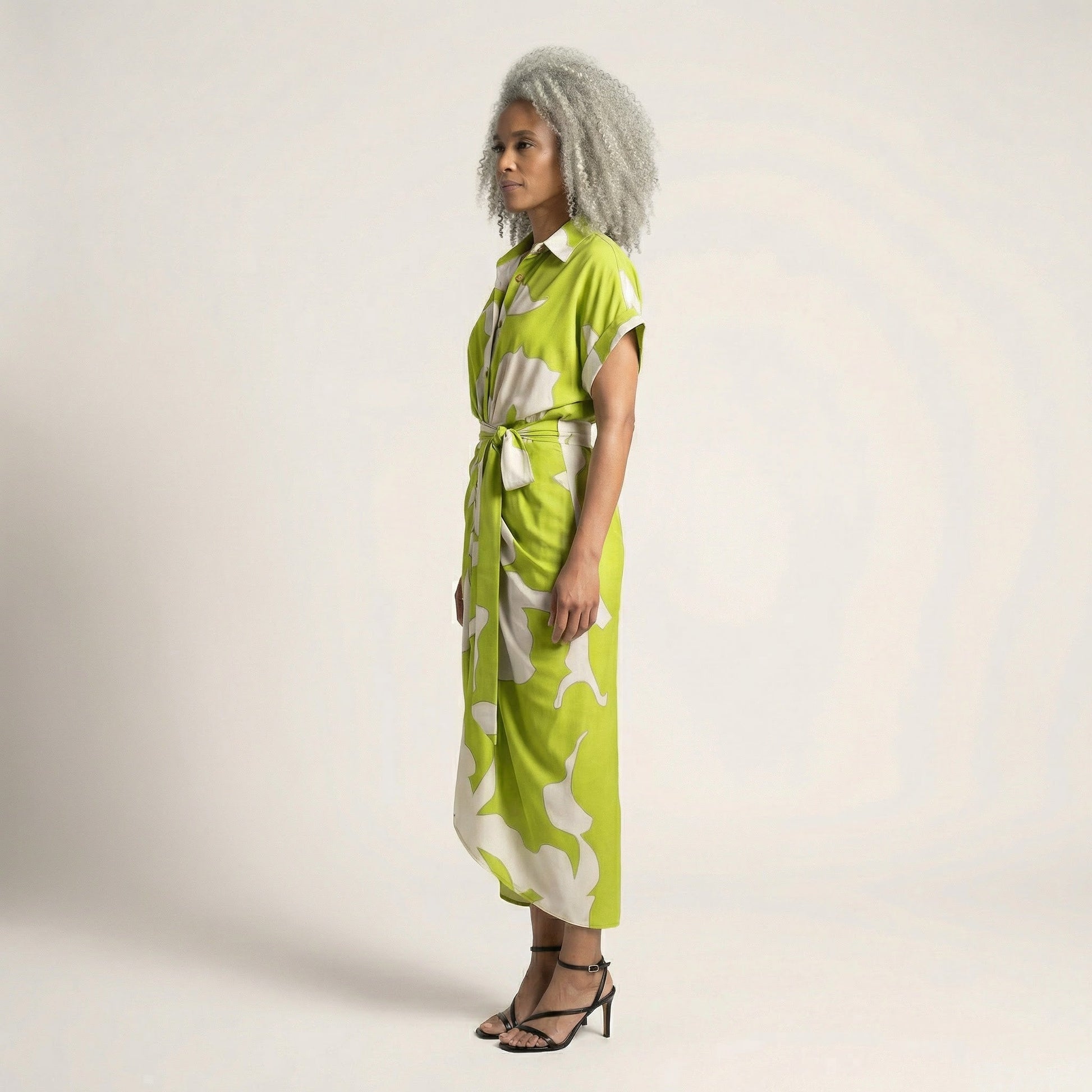 Tropical Statement Tie - Waist Midi Dress Light GreenSM-030-LIGHTGREEN-S