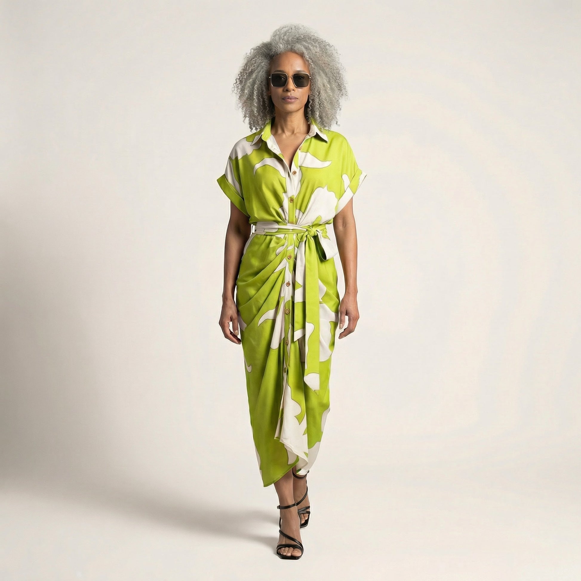 Tropical Statement Tie - Waist Midi Dress Light GreenSM-030-LIGHTGREEN-S