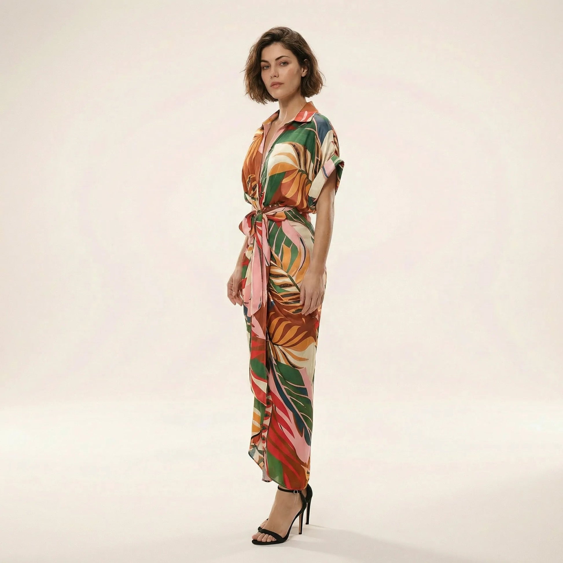 Tropical Statement Tie - Waist Midi Dress MulticolorSM-030-MULTICOLOR-S
