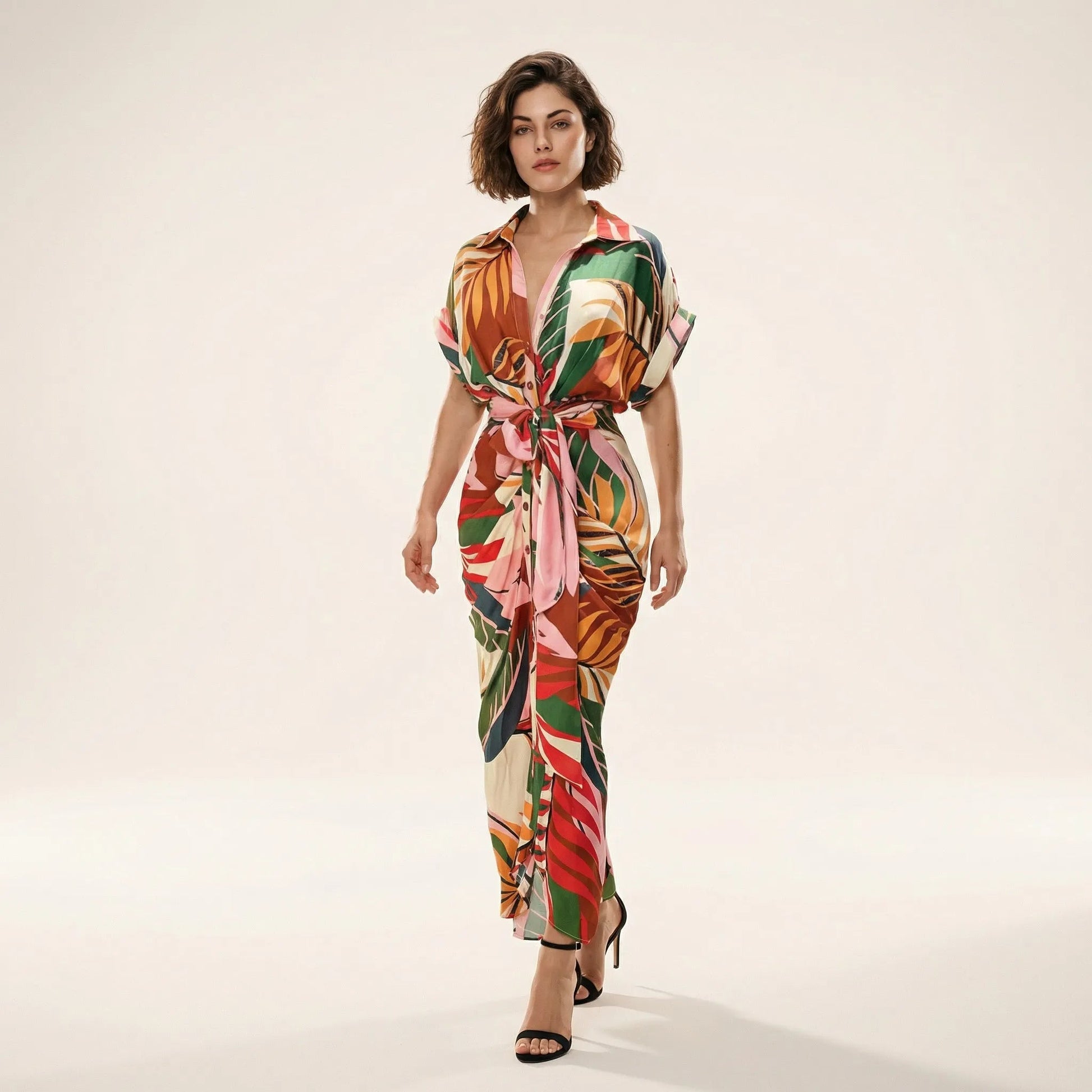 Tropical Statement Tie - Waist Midi Dress MulticolorSM-030-MULTICOLOR-S