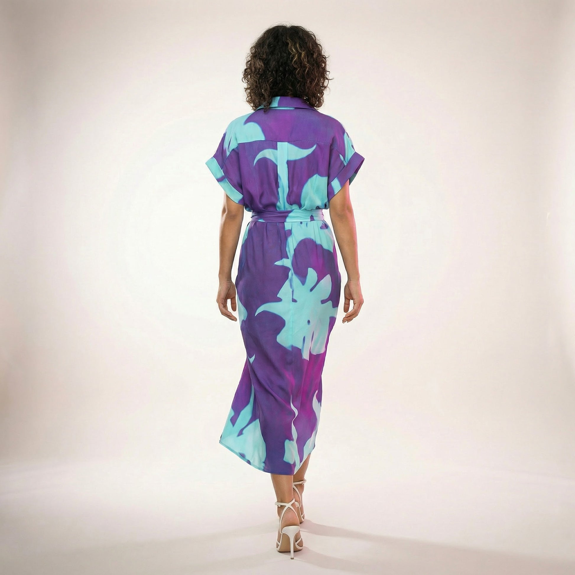 Tropical Statement Tie - Waist Midi Dress PurpleSM-030-PURPLE-S