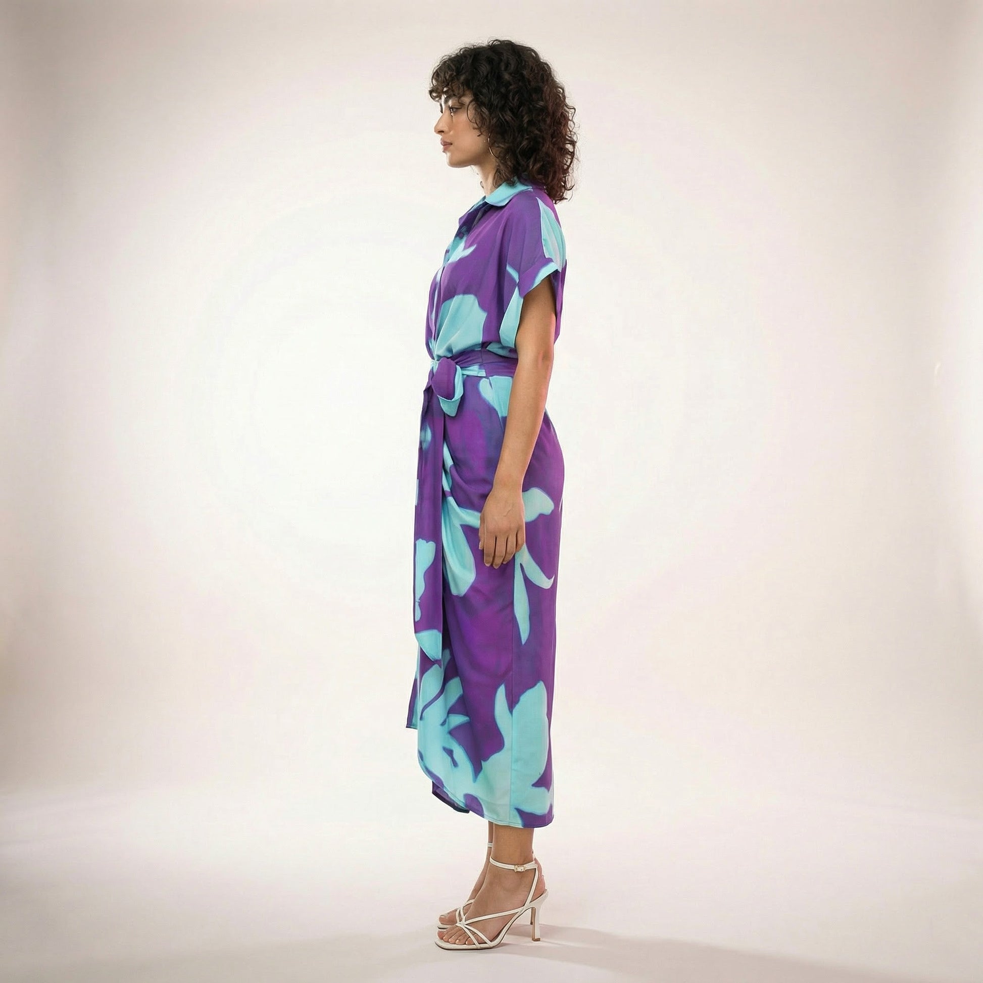 Tropical Statement Tie - Waist Midi Dress PurpleSM-030-PURPLE-S