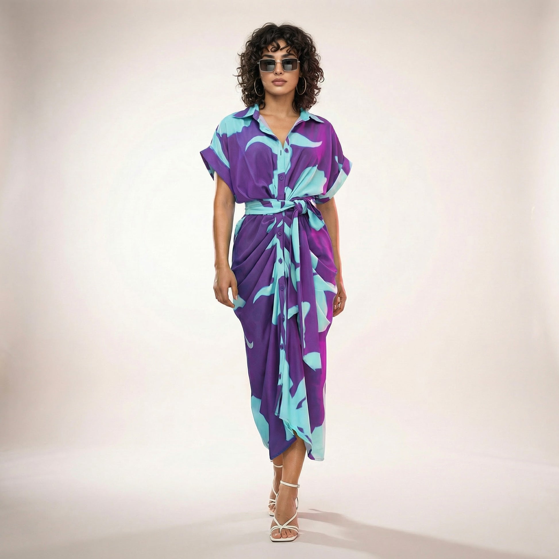 Tropical Statement Tie - Waist Midi Dress PurpleSM-030-PURPLE-S