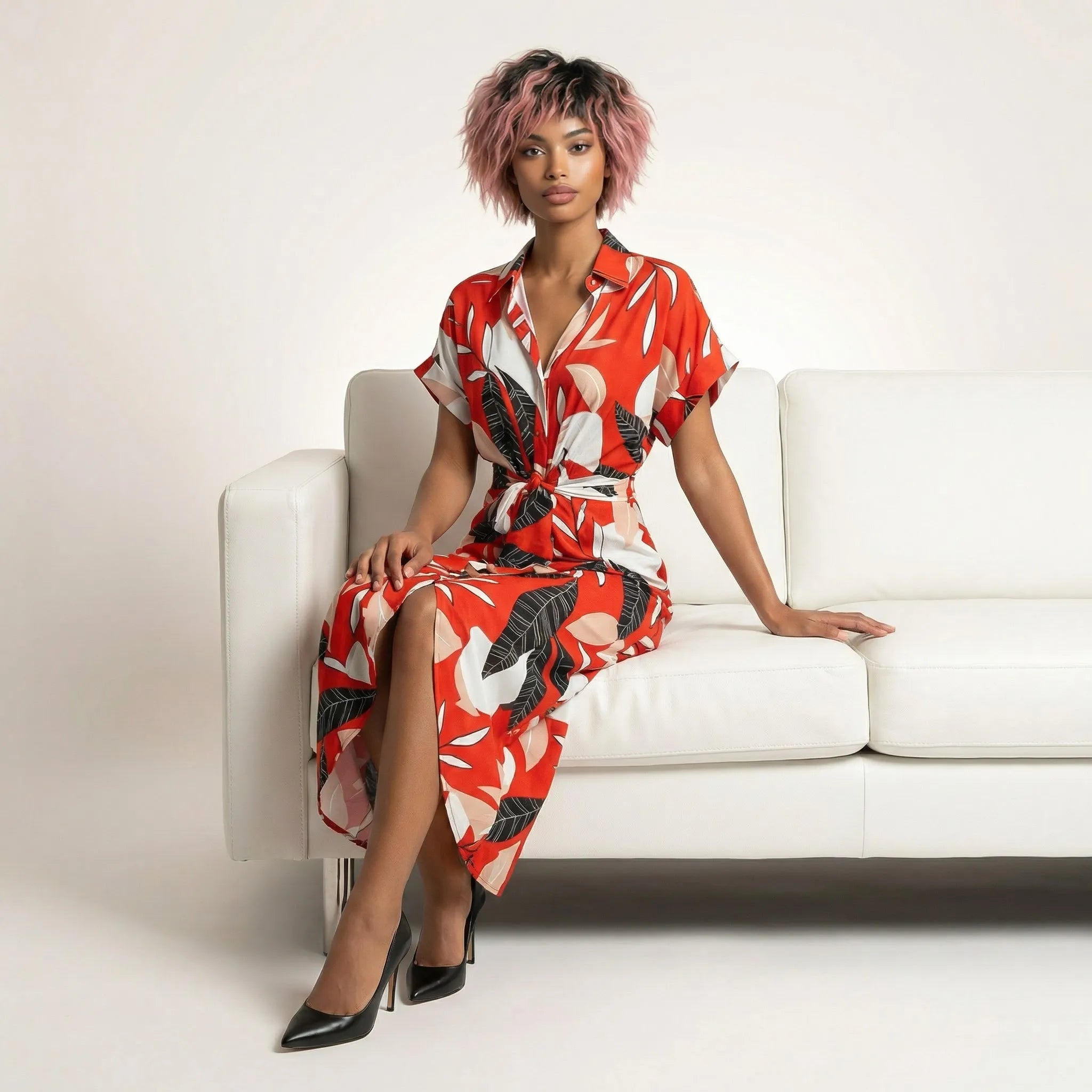 Tropical Statement Tie - Waist Midi Dress RedSM-030-RED-S