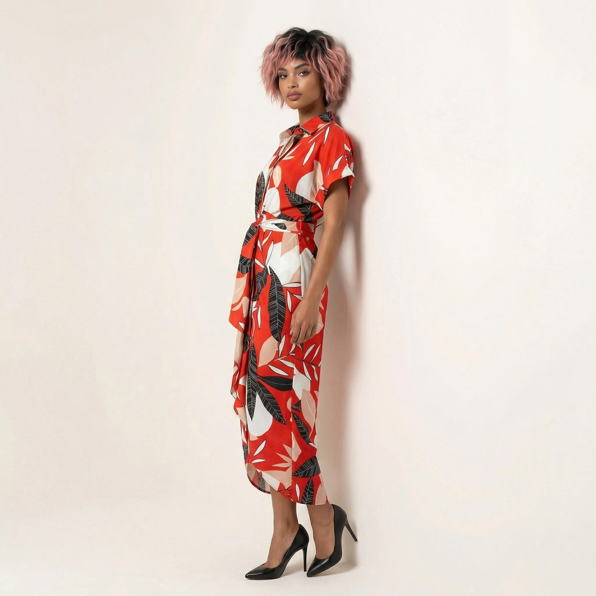 Tropical Statement Tie - Waist Midi Dress RedSM-030-RED-S