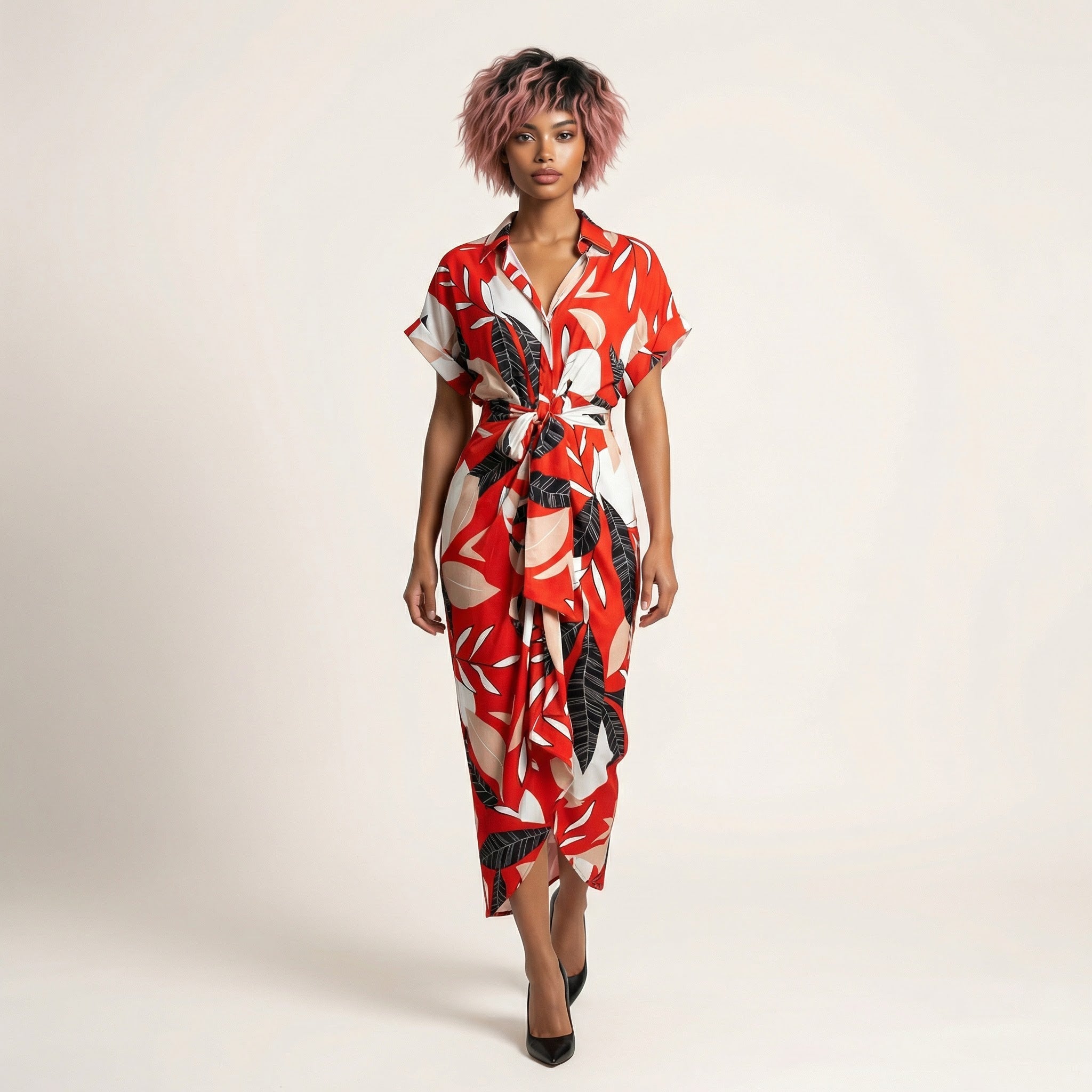 Tropical Statement Tie - Waist Midi Dress RedSM-030-RED-S