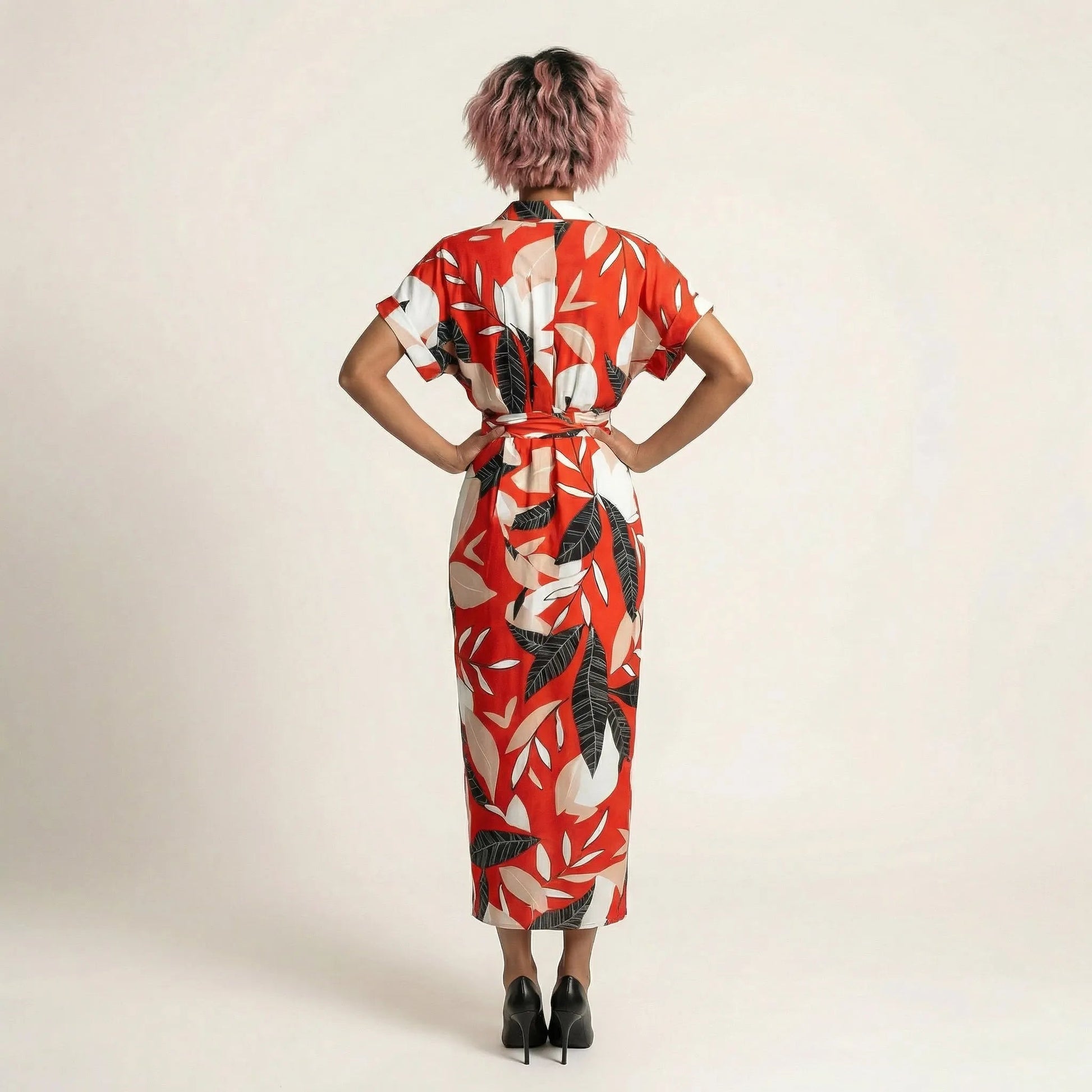 Tropical Statement Tie - Waist Midi Dress RedSM-030-RED-S