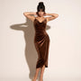 Velour Draped Midi Dress BrownSM-068-BROWN-S