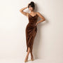 Velour Draped Midi Dress BrownSM-068-BROWN-S
