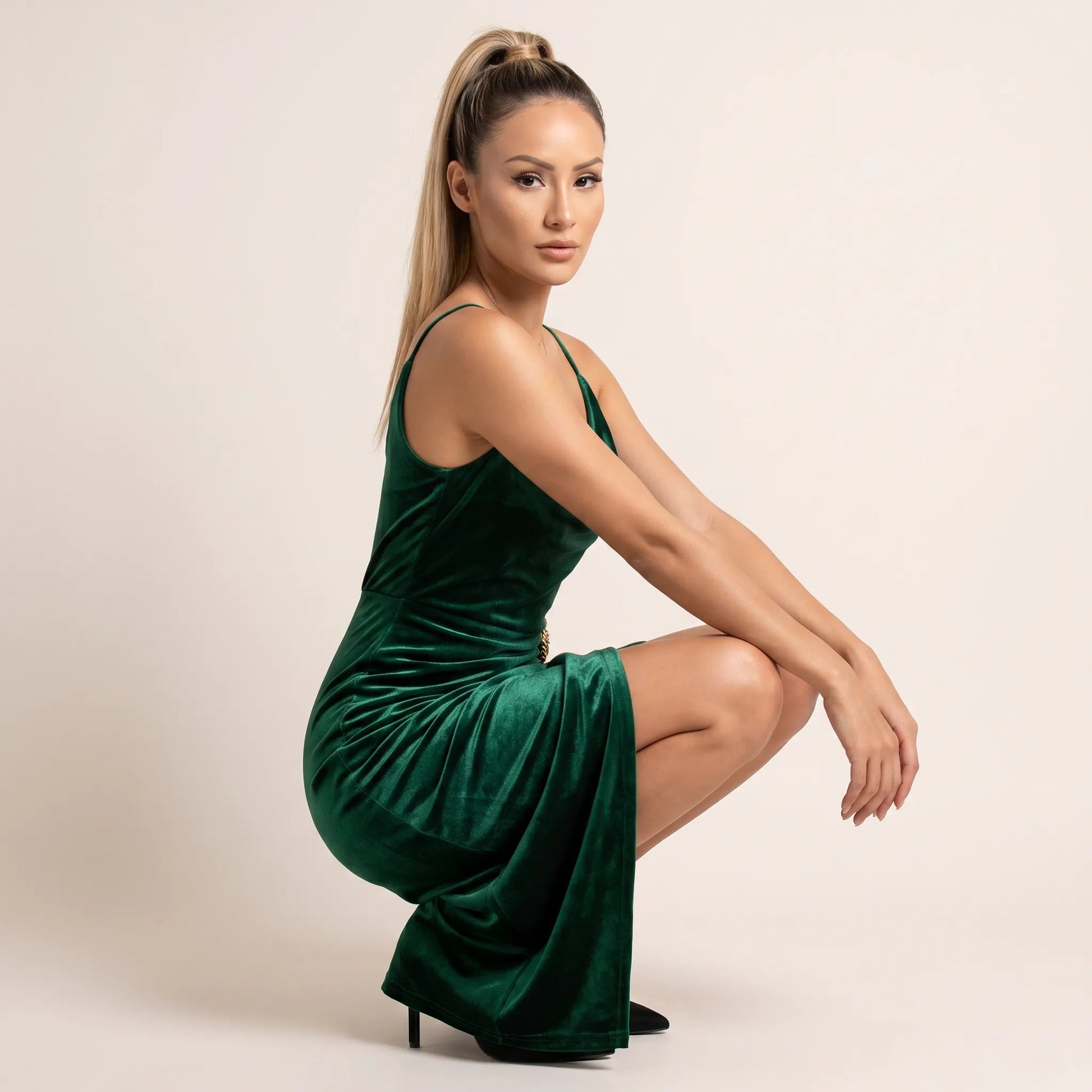 Velour Draped Midi Dress GreenSM-068-GREEN-S