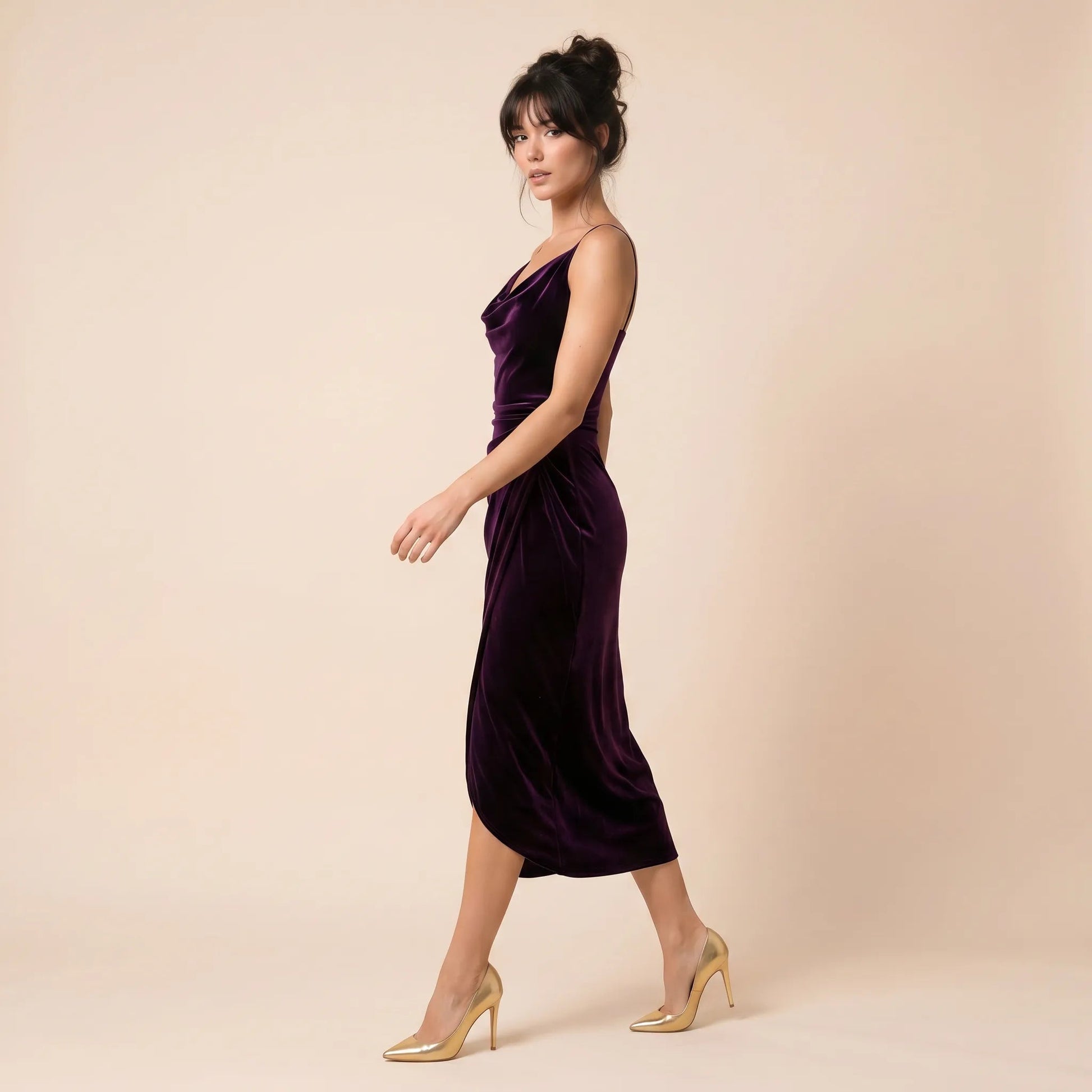 Velour Draped Midi Dress PurpleSM-068-PURPLE-S