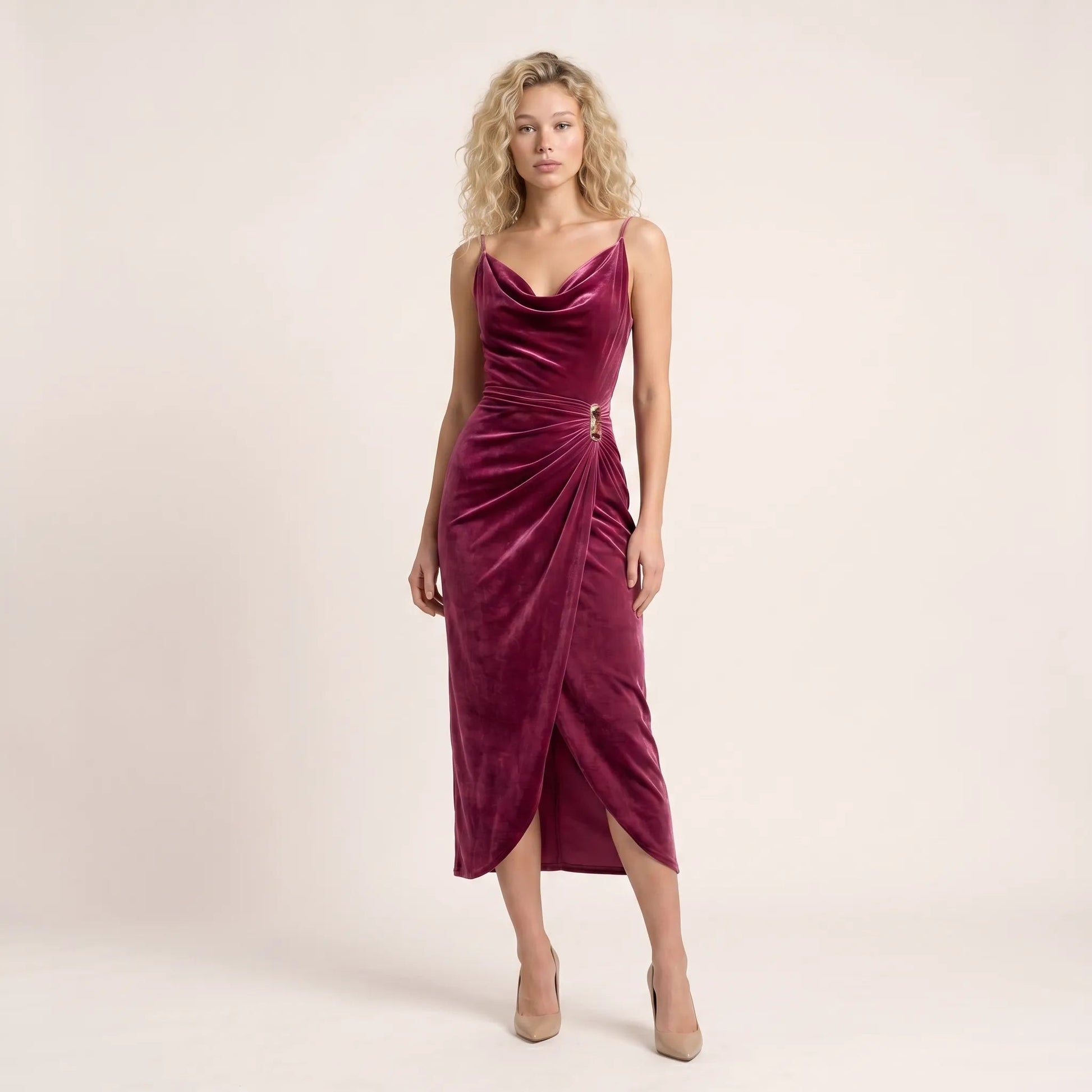 Velour Draped Midi Dress WineSM-068-WINE-S