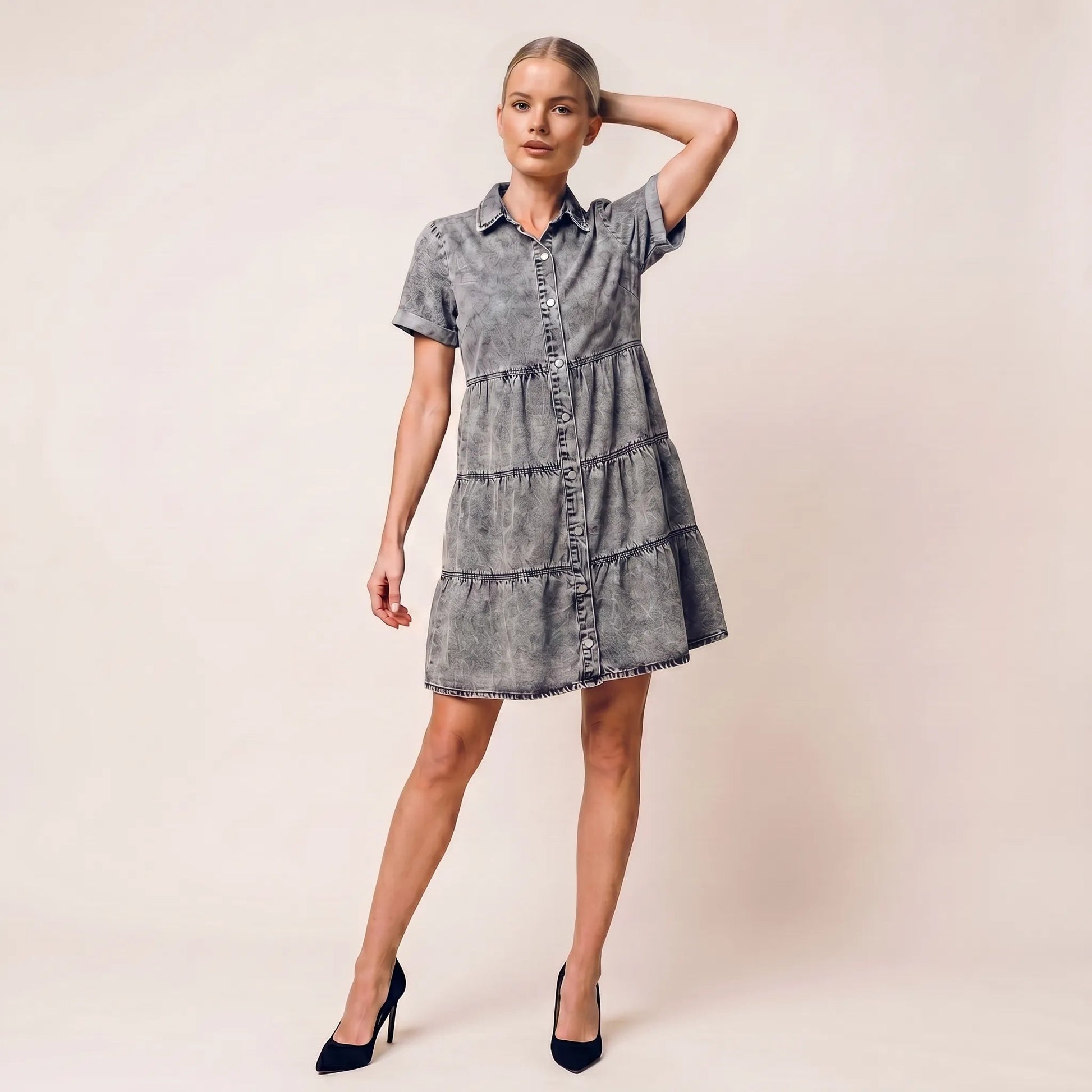 Washed Tiered Denim Mini Dress GreySM-070-GREY-S
