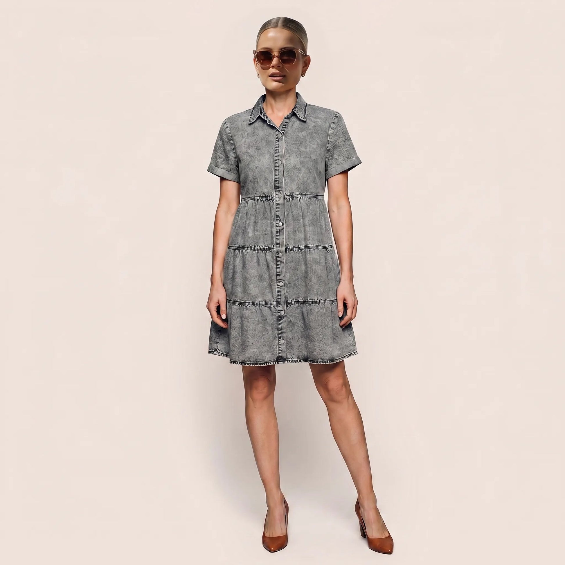 Washed Tiered Denim Mini Dress GreySM-070-GREY-S