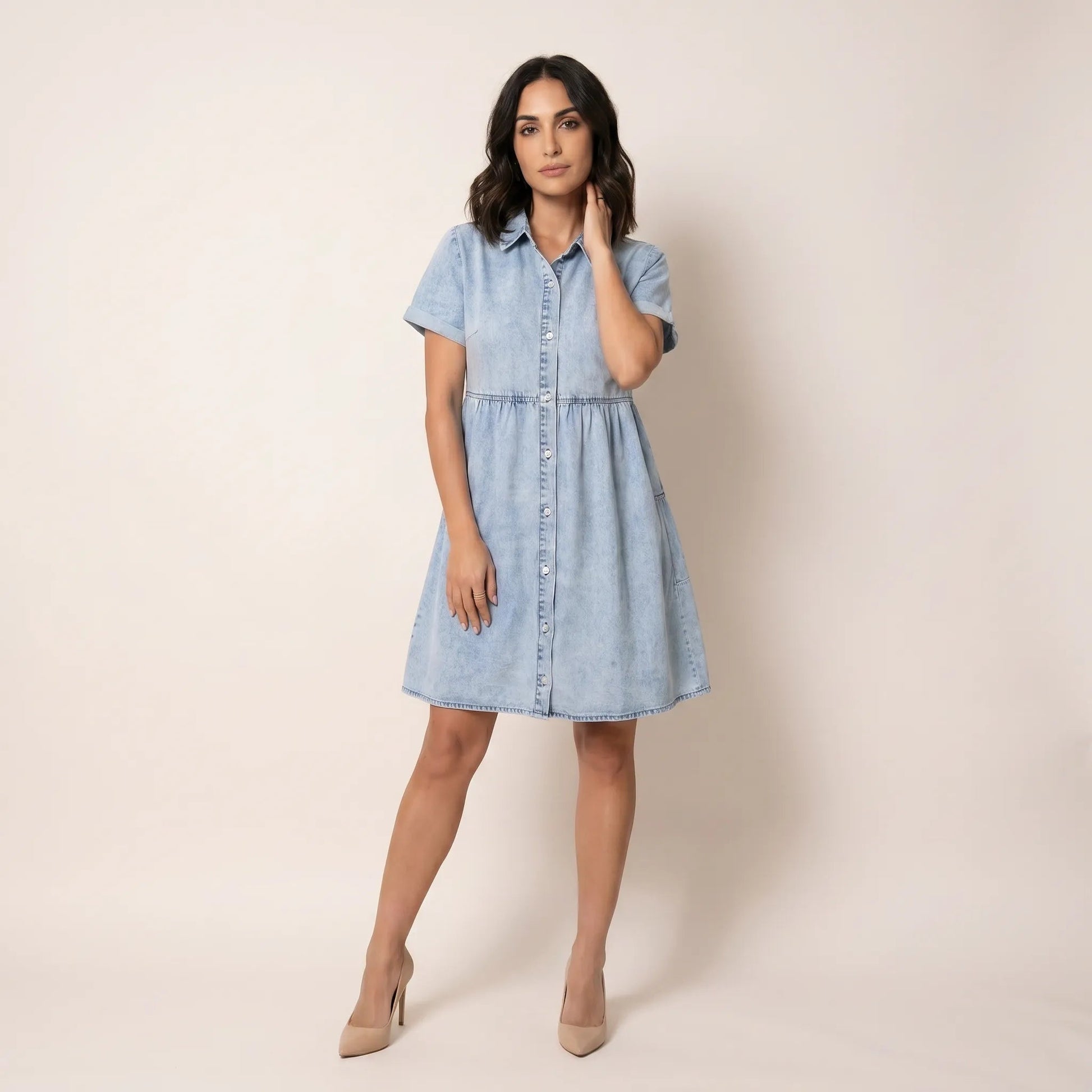 Washed Tiered Denim Mini Dress Light DenimSM-070-LIGHTDENIM-S