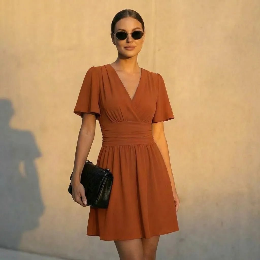 Wrap - Style Fit & Flare Mini Dress BrownSM-023-BROWN-S
